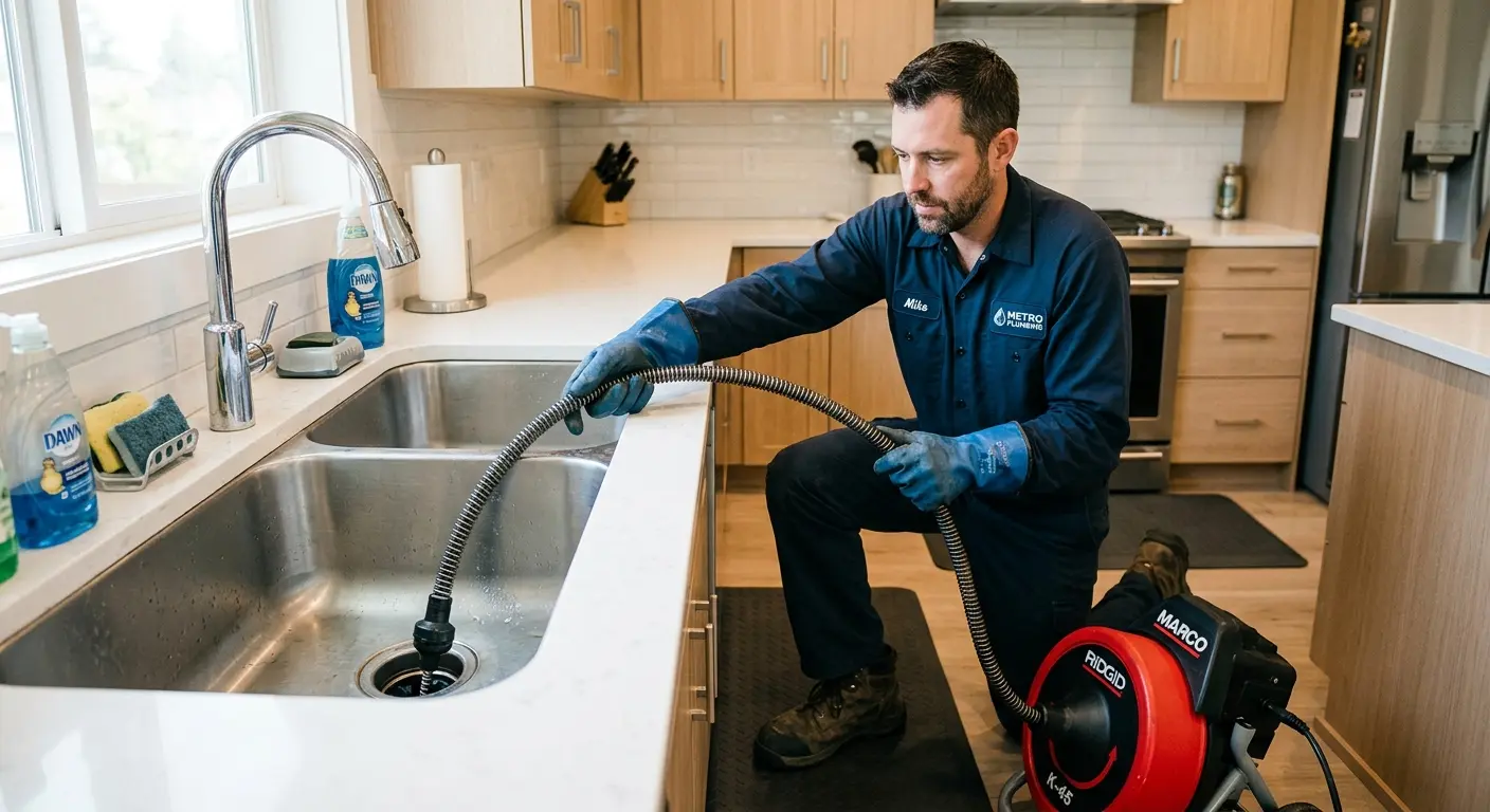 Drain cleaning technician using a motorized snake on a kitchen sink in Potomac