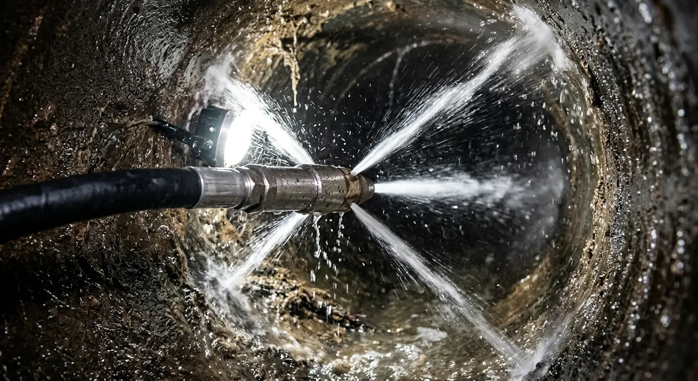 High-pressure hydro jetting nozzle cleaning sewer pipe for Sewer Cleanout in Potomac