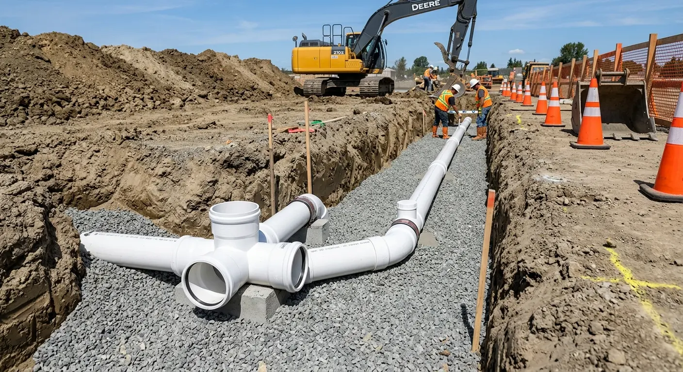 New PVC sewer pipe installation in open trench for Sewer Backup in Potomac